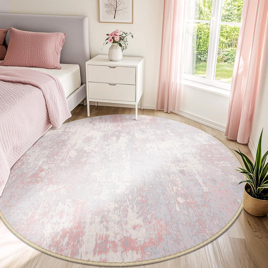 Washable Round 8ft Area Rug for Living Room Gray Pink