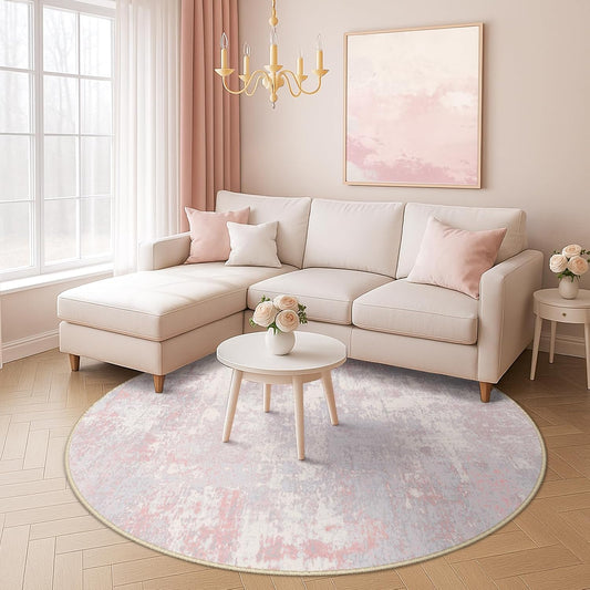 Washable Round 8ft Area Rug for Living Room Gray Pink