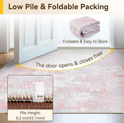 Washable Round 8ft Area Rug for Living Room Gray Pink