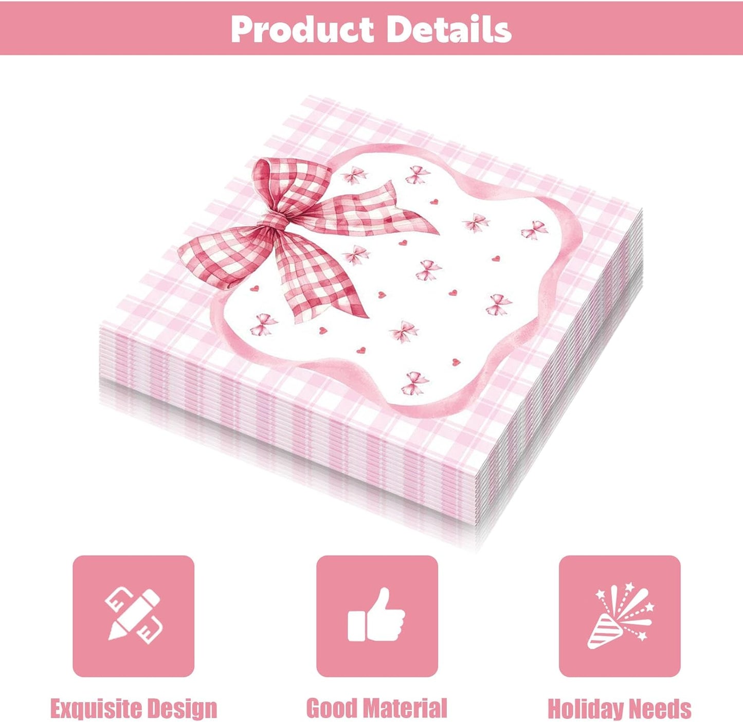 Bow Napkins, 20 Pack Pink Bow Napkins, Pink Napkin for Party, Paper Napkin