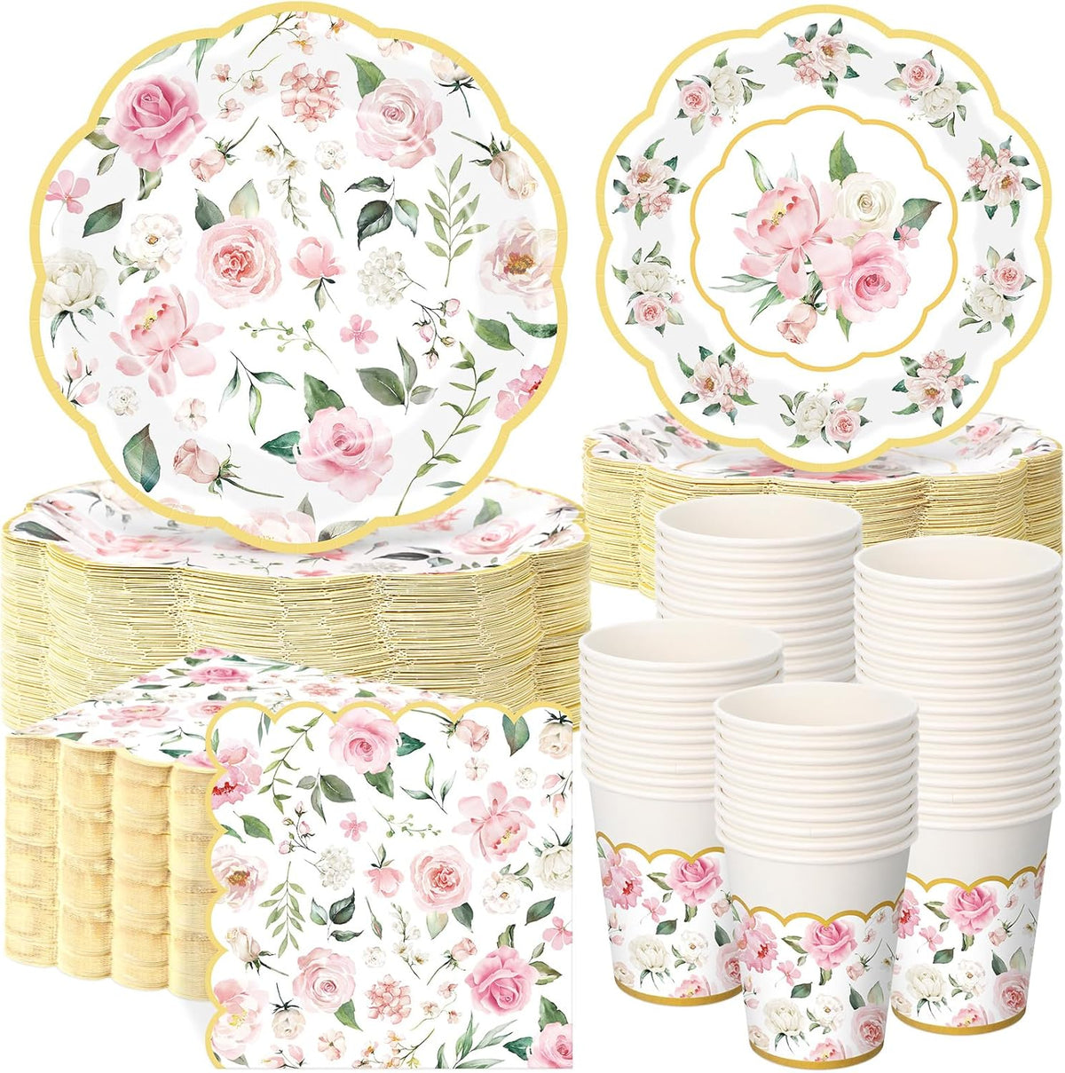 250 Pcs Pink Gold Floral Paper Plates Napkins Cups Serves 50