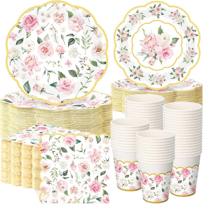 250 Pcs Pink Gold Floral Paper Plates Napkins Cups Serves 50