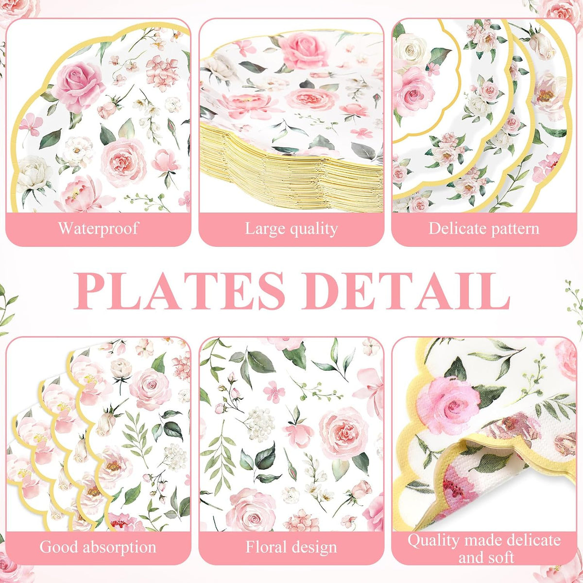 250 Pcs Pink Gold Floral Paper Plates Napkins Cups Serves 50
