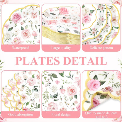 250 Pcs Pink Gold Floral Paper Plates Napkins Cups Serves 50