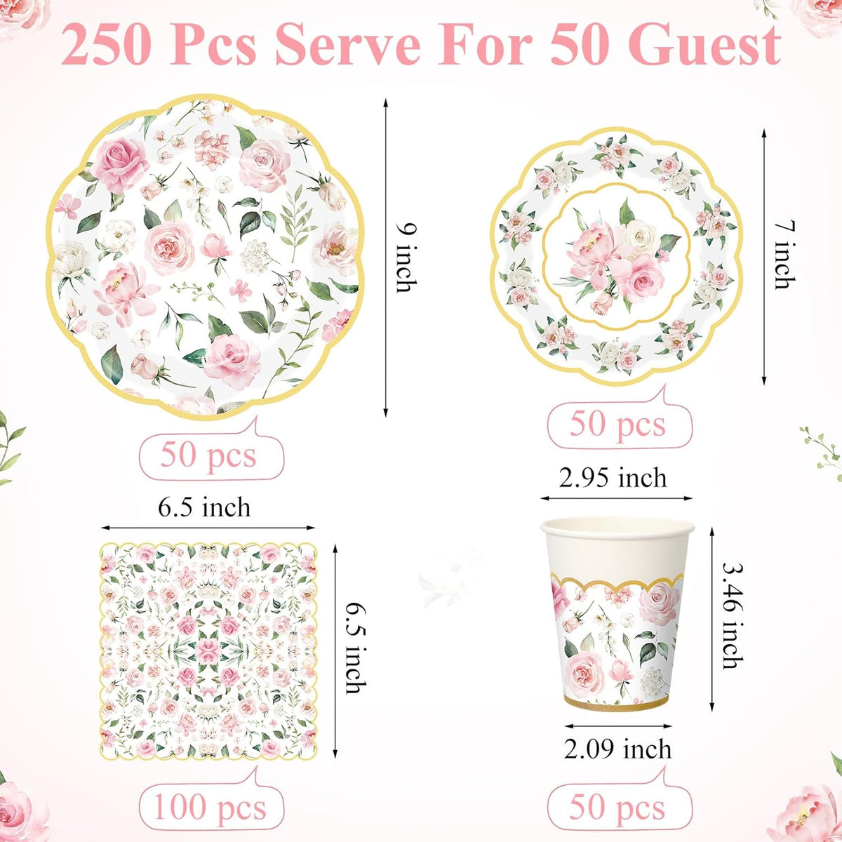 250 Pcs Pink Gold Floral Paper Plates Napkins Cups Serves 50