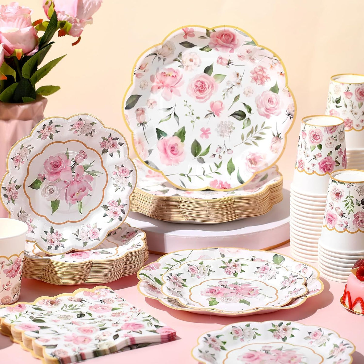 250 Pcs Pink Gold Floral Paper Plates Napkins Cups Serves 50
