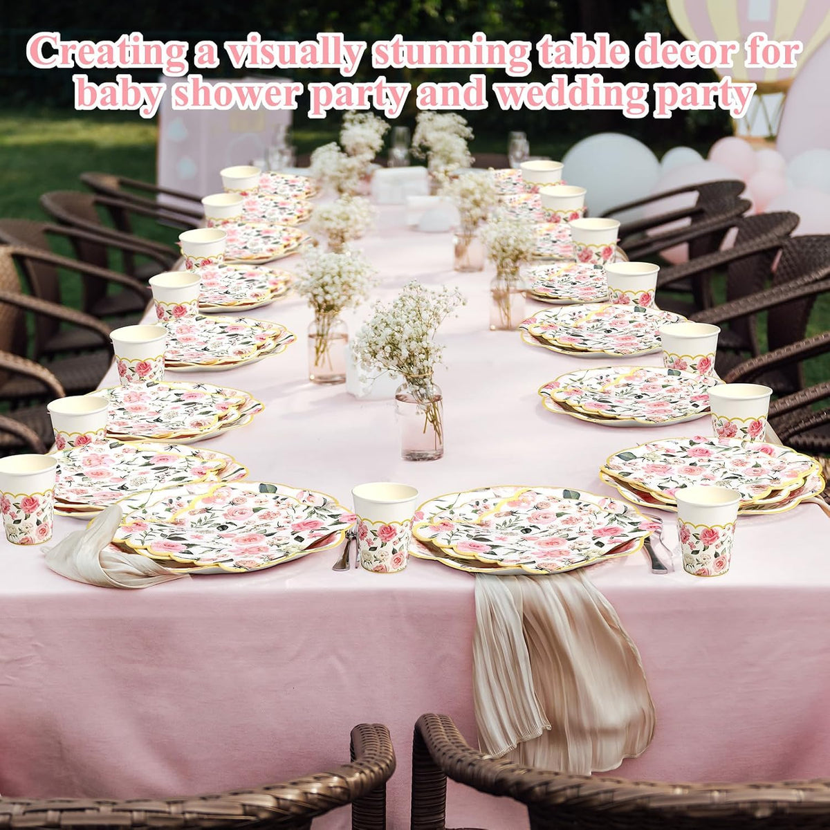 250 Pcs Pink Gold Floral Paper Plates Napkins Cups Serves 50