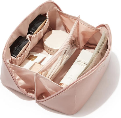 Travel Makeup Bag for Women, PU Leather Cosmetic Bag, Pink, Medium