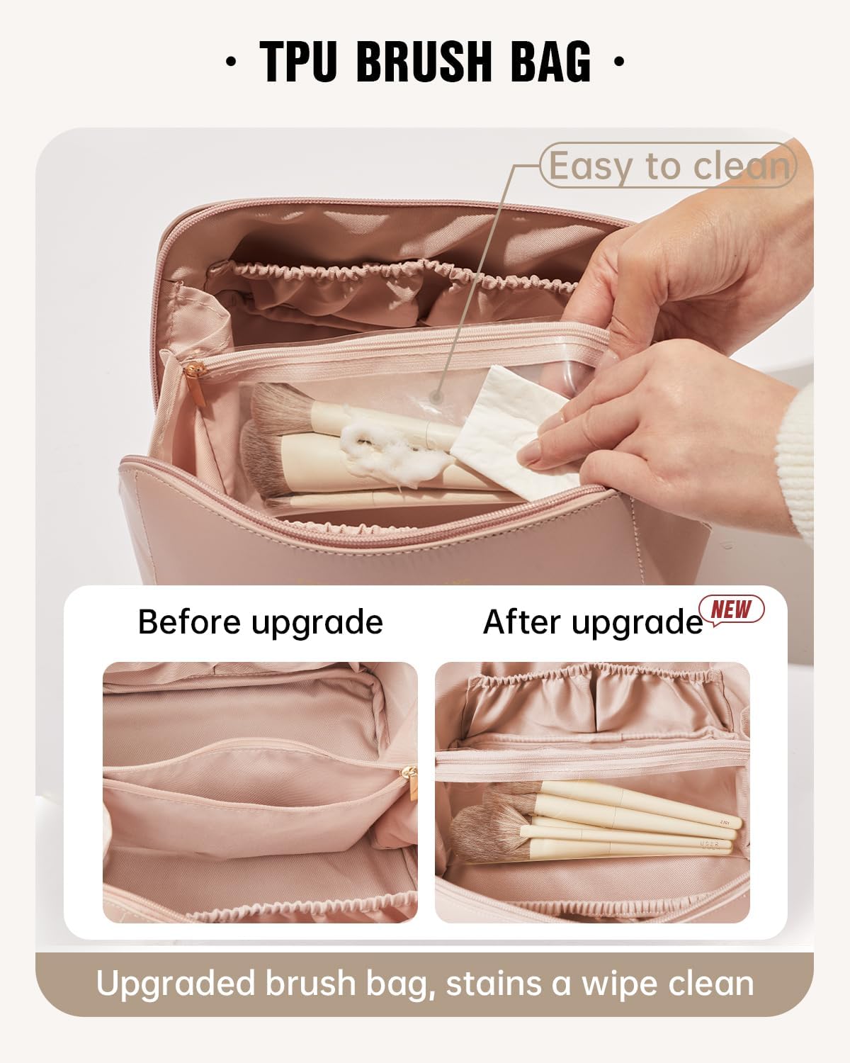 Travel Makeup Bag for Women, PU Leather Cosmetic Bag, Pink, Medium