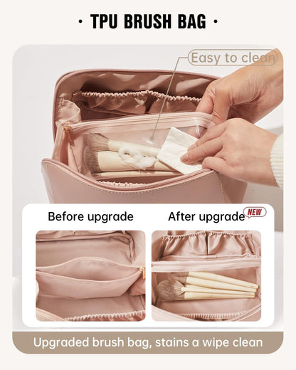 Travel Makeup Bag for Women, PU Leather Cosmetic Bag, Pink, Medium