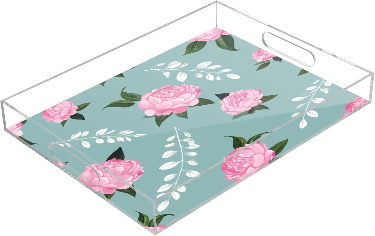 Pink Peonies White Leaf Serving Tray 12" x 16" Acrylic Trays with Handles Decorative Serving Platter for Coffee, Breakfast in Bed, Dinner, Appetizers, Patio, Party