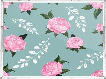 Pink Peonies White Leaf Serving Tray 12" x 16" Acrylic Trays with Handles Decorative Serving Platter for Coffee, Breakfast in Bed, Dinner, Appetizers, Patio, Party