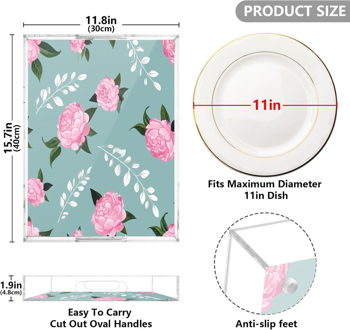 Pink Peonies White Leaf Serving Tray 12" x 16" Acrylic Trays with Handles Decorative Serving Platter for Coffee, Breakfast in Bed, Dinner, Appetizers, Patio, Party