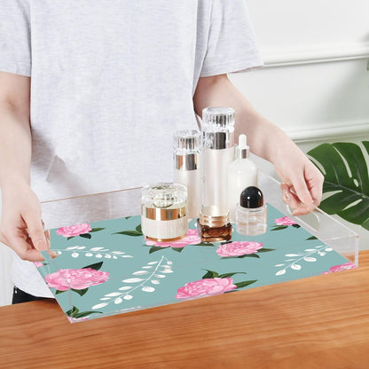 Pink Peonies White Leaf Serving Tray 12" x 16" Acrylic Trays with Handles Decorative Serving Platter for Coffee, Breakfast in Bed, Dinner, Appetizers, Patio, Party