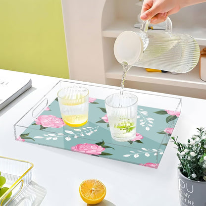Pink Peonies White Leaf Serving Tray 12" x 16" Acrylic Trays with Handles Decorative Serving Platter for Coffee, Breakfast in Bed, Dinner, Appetizers, Patio, Party