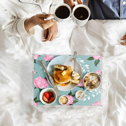 Pink Peonies White Leaf Serving Tray 12" x 16" Acrylic Trays with Handles Decorative Serving Platter for Coffee, Breakfast in Bed, Dinner, Appetizers, Patio, Party