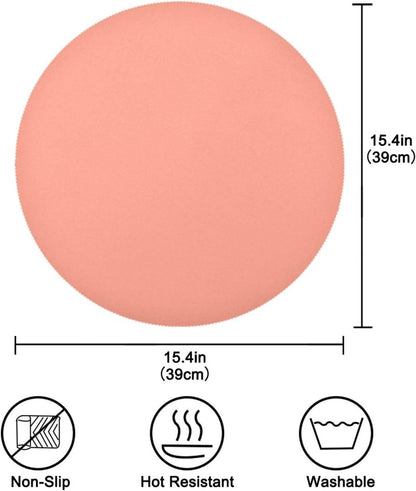 Peach Color Round Placemats, Non-Slip Washable Table Mats Set of 6, 15.4 Inch Heat-Resistant Place Mats for Kitchen