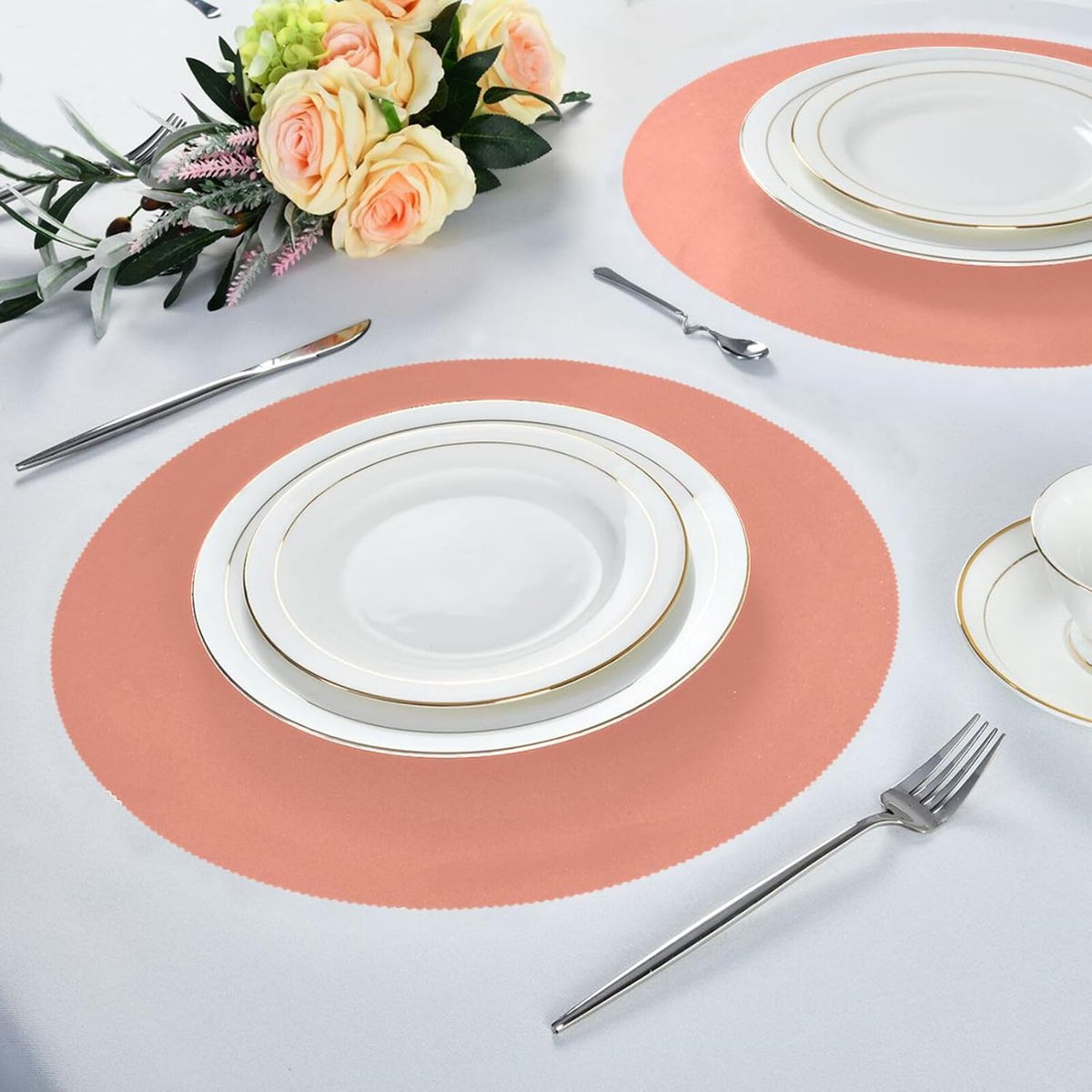 Peach Color Round Placemats, Non-Slip Washable Table Mats Set of 6, 15.4 Inch Heat-Resistant Place Mats for Kitchen