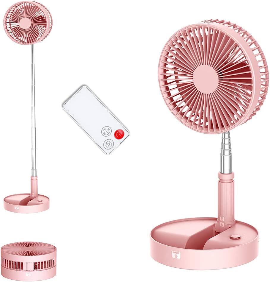 Desk and table fan, foldable Fan Portable Travel Fans Battery Operated,Adjustable Height My Foldaway fan with remote Control Timer, 4 Speed Settings (Pink)