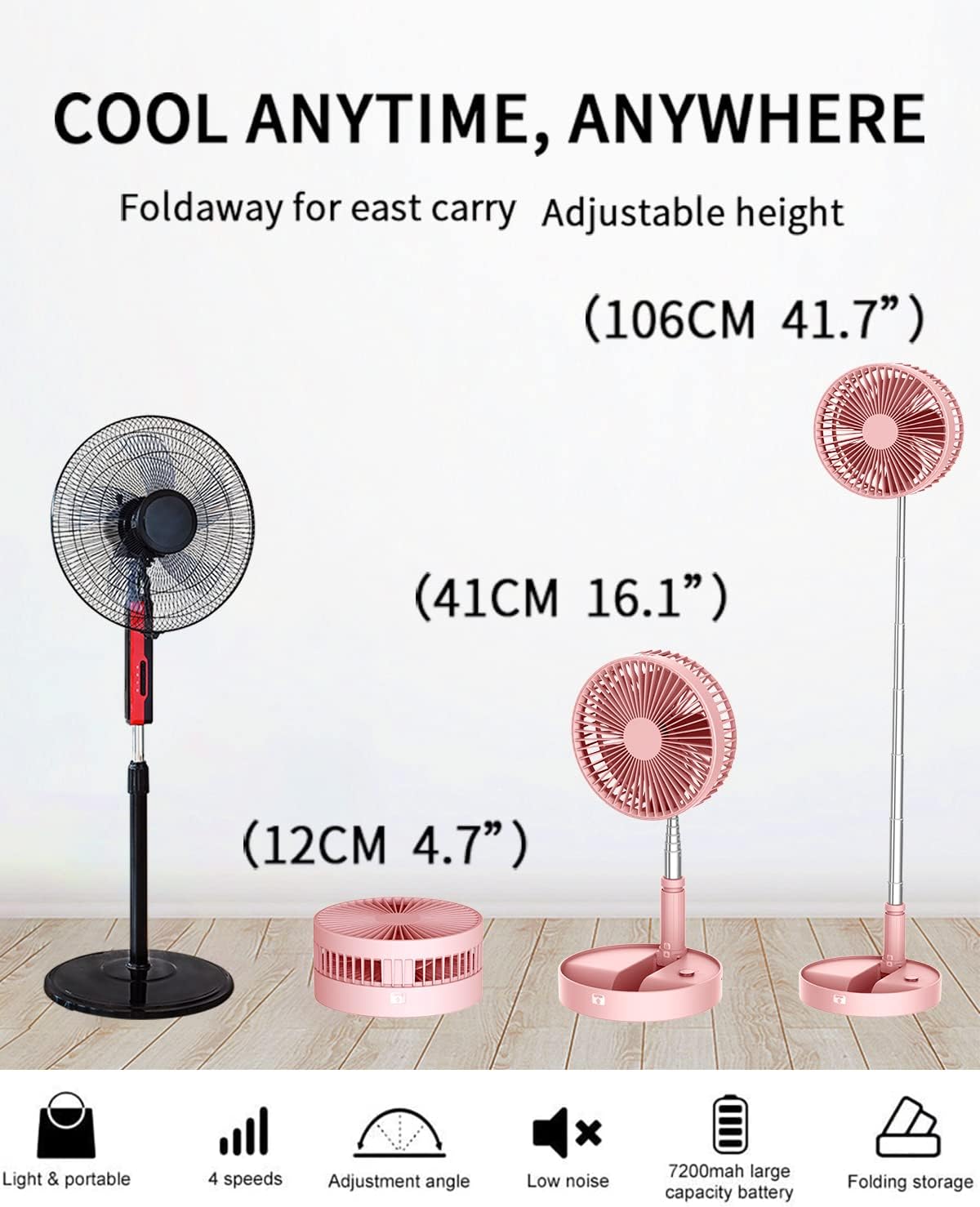 Desk and table fan, foldable Fan Portable Travel Fans Battery Operated,Adjustable Height My Foldaway fan with remote Control Timer, 4 Speed Settings (Pink)