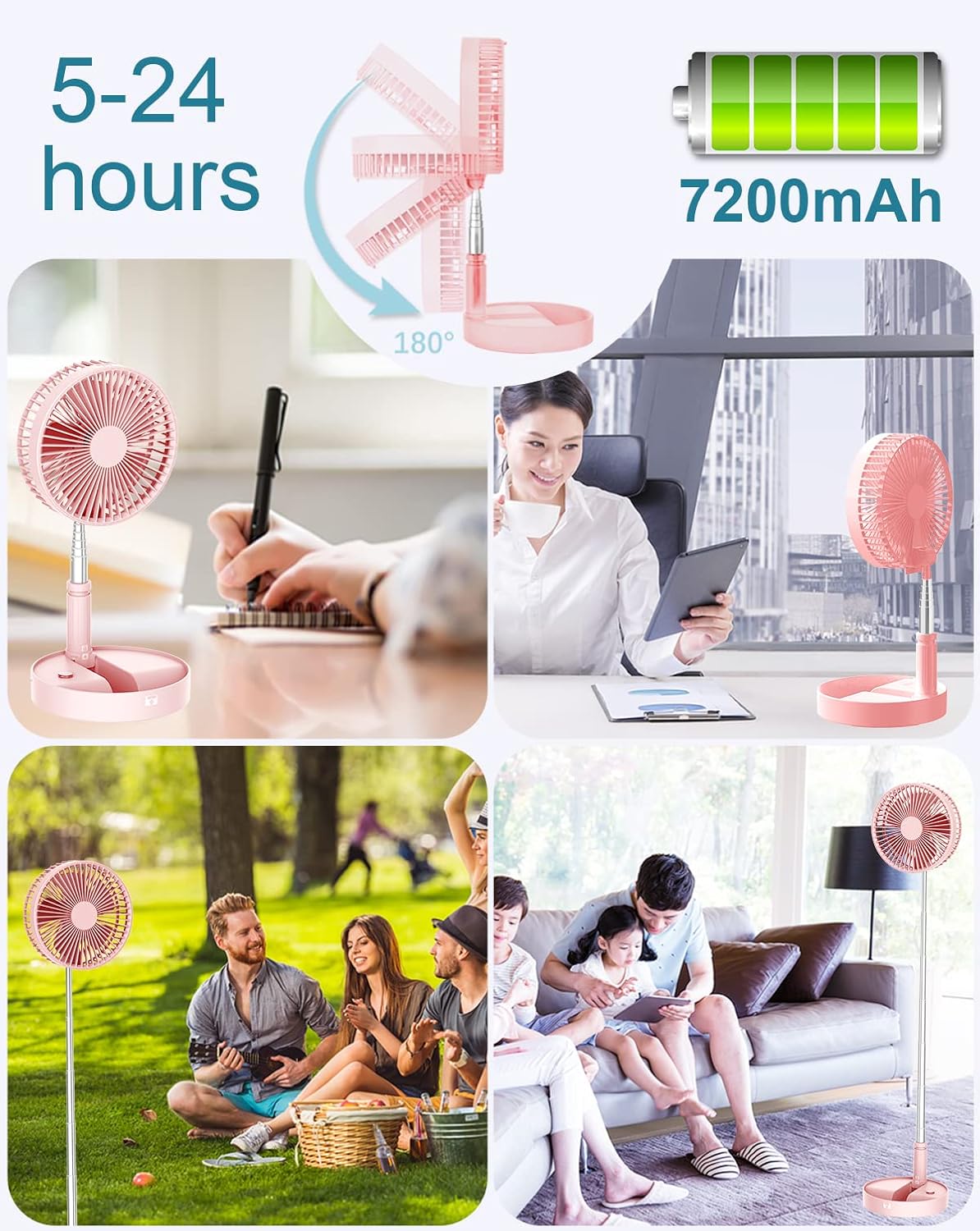 Desk and table fan, foldable Fan Portable Travel Fans Battery Operated,Adjustable Height My Foldaway fan with remote Control Timer, 4 Speed Settings (Pink)