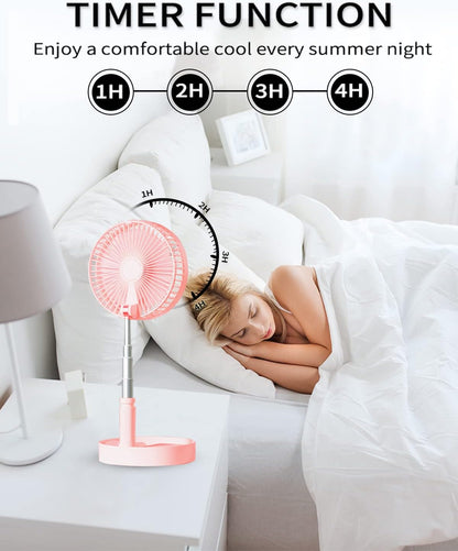 Desk and table fan, foldable Fan Portable Travel Fans Battery Operated,Adjustable Height My Foldaway fan with remote Control Timer, 4 Speed Settings (Pink)