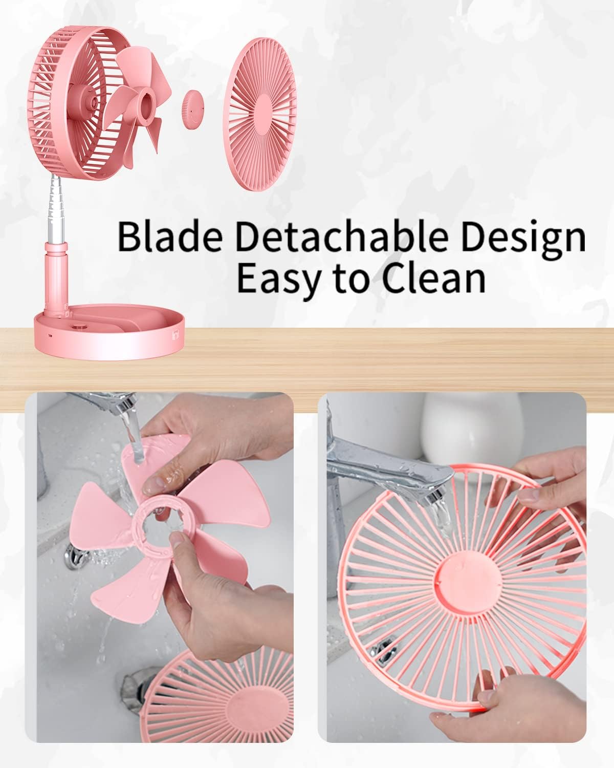 Desk and table fan, foldable Fan Portable Travel Fans Battery Operated,Adjustable Height My Foldaway fan with remote Control Timer, 4 Speed Settings (Pink)