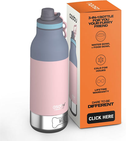 Barky Bottle a Stainless Steel Insulated Water Bottle for with Removable Dog Water Bowl and Dog Food and Treat Storage Bowl (Pastel Pink, 34 Oz)