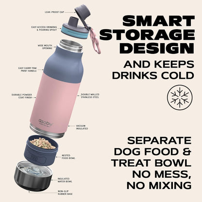 Barky Bottle a Stainless Steel Insulated Water Bottle for with Removable Dog Water Bowl and Dog Food and Treat Storage Bowl (Pastel Pink, 34 Oz)