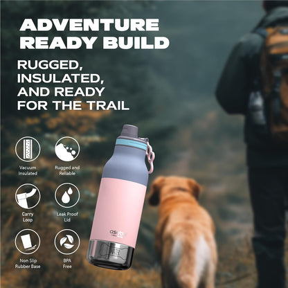 Barky Bottle a Stainless Steel Insulated Water Bottle for with Removable Dog Water Bowl and Dog Food and Treat Storage Bowl (Pastel Pink, 34 Oz)