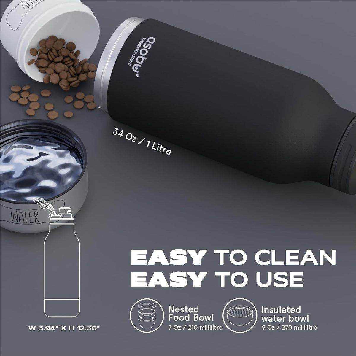Barky Bottle a Stainless Steel Insulated Water Bottle for with Removable Dog Water Bowl and Dog Food and Treat Storage Bowl (Pastel Pink, 34 Oz)