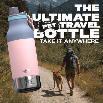 Barky Bottle a Stainless Steel Insulated Water Bottle for with Removable Dog Water Bowl and Dog Food and Treat Storage Bowl (Pastel Pink, 34 Oz)