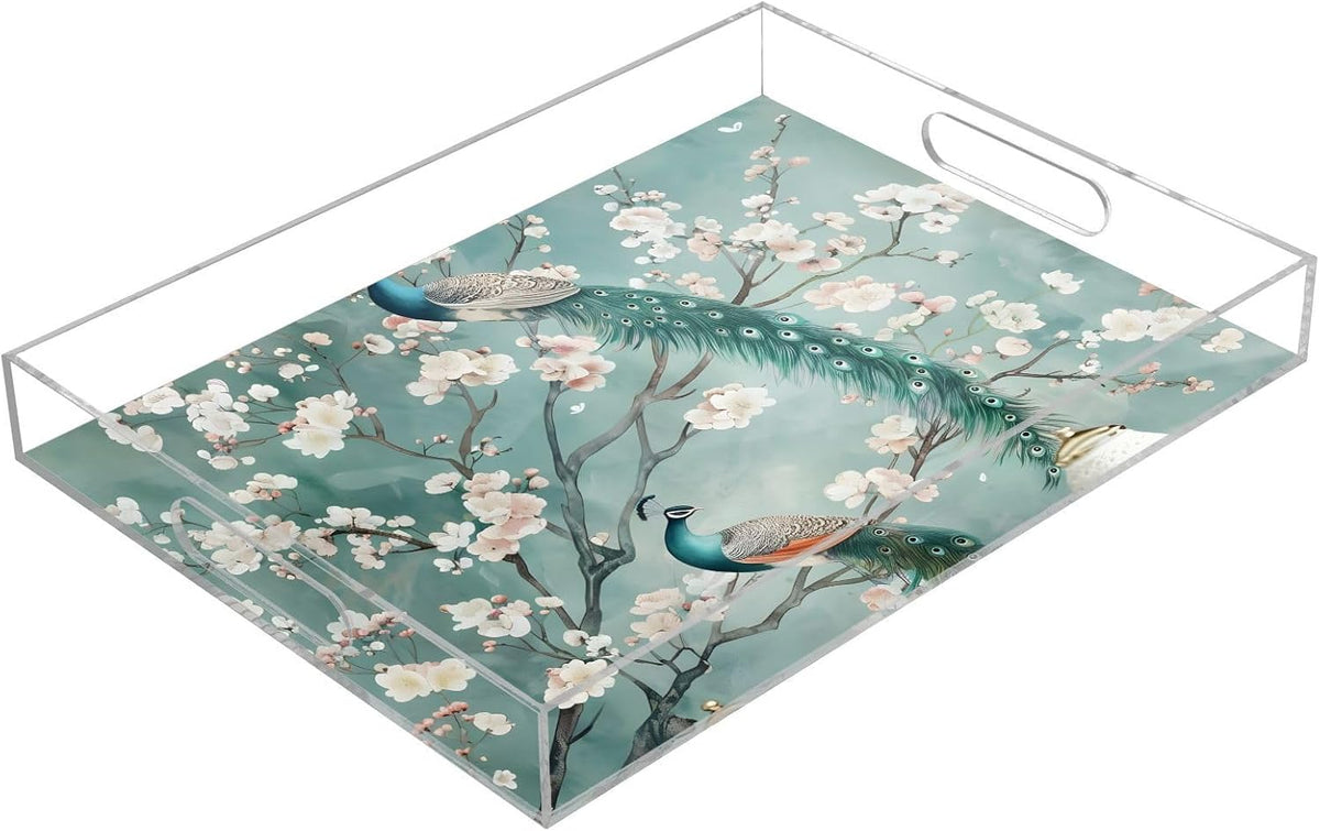 Peach Peacock,15.7 x 11.8 in Acrylic Serving Trays with Smooth Edge Design for Home and Workplace Use