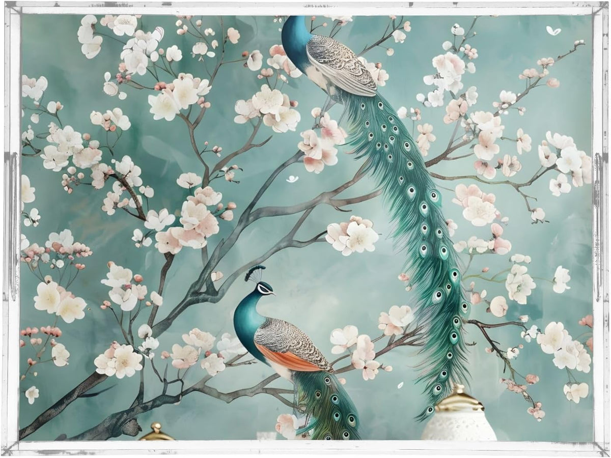 Peach Peacock,15.7 x 11.8 in Acrylic Serving Trays with Smooth Edge Design for Home and Workplace Use
