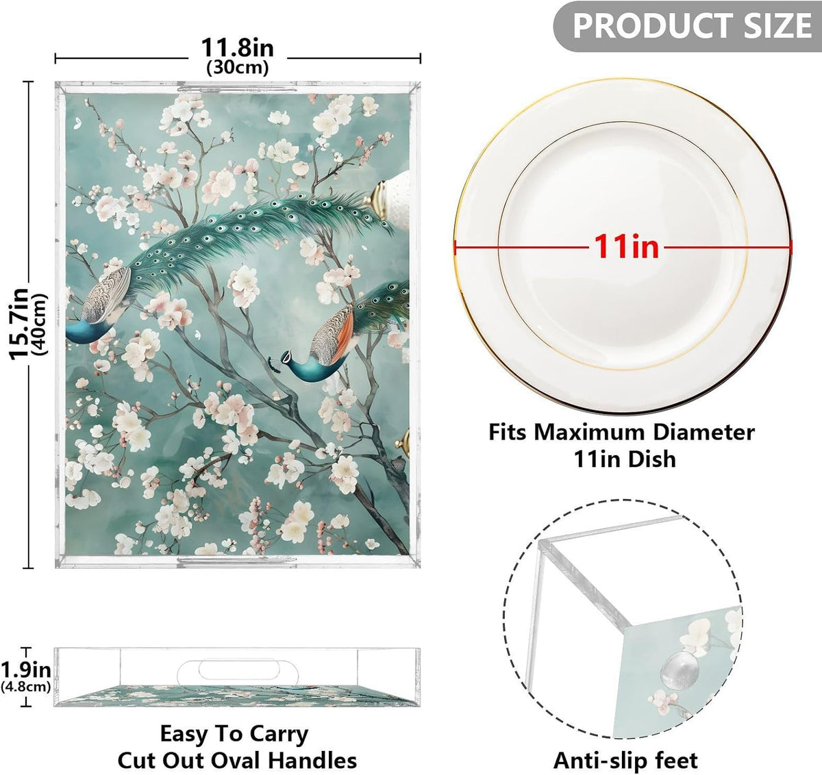 Peach Peacock,15.7 x 11.8 in Acrylic Serving Trays with Smooth Edge Design for Home and Workplace Use