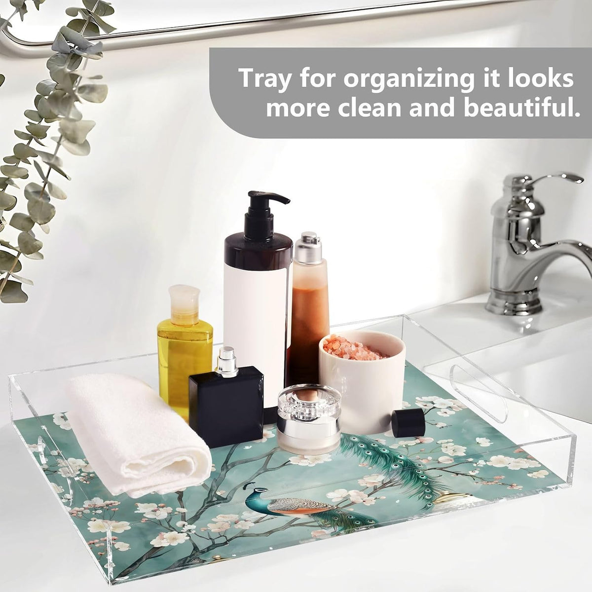 Peach Peacock,15.7 x 11.8 in Acrylic Serving Trays with Smooth Edge Design for Home and Workplace Use
