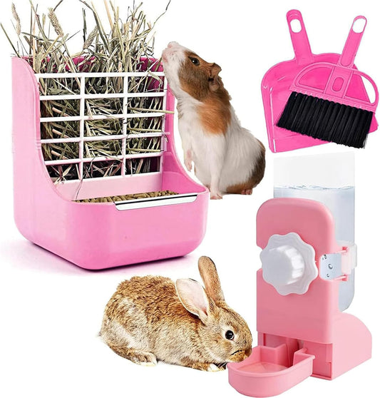 Rabbit Hay Food Bin Feeder and Bunny Water Bottle Set, Hay Food Feeder Bowls Manger Rack with 500ml Hanging Water Dispenser Prevent Knock Over for Rabbit Guinea Pig Chinchilla (Large, Pink)