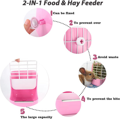 Rabbit Hay Food Bin Feeder and Bunny Water Bottle Set, Hay Food Feeder Bowls Manger Rack with 500ml Hanging Water Dispenser Prevent Knock Over for Rabbit Guinea Pig Chinchilla (Large, Pink)