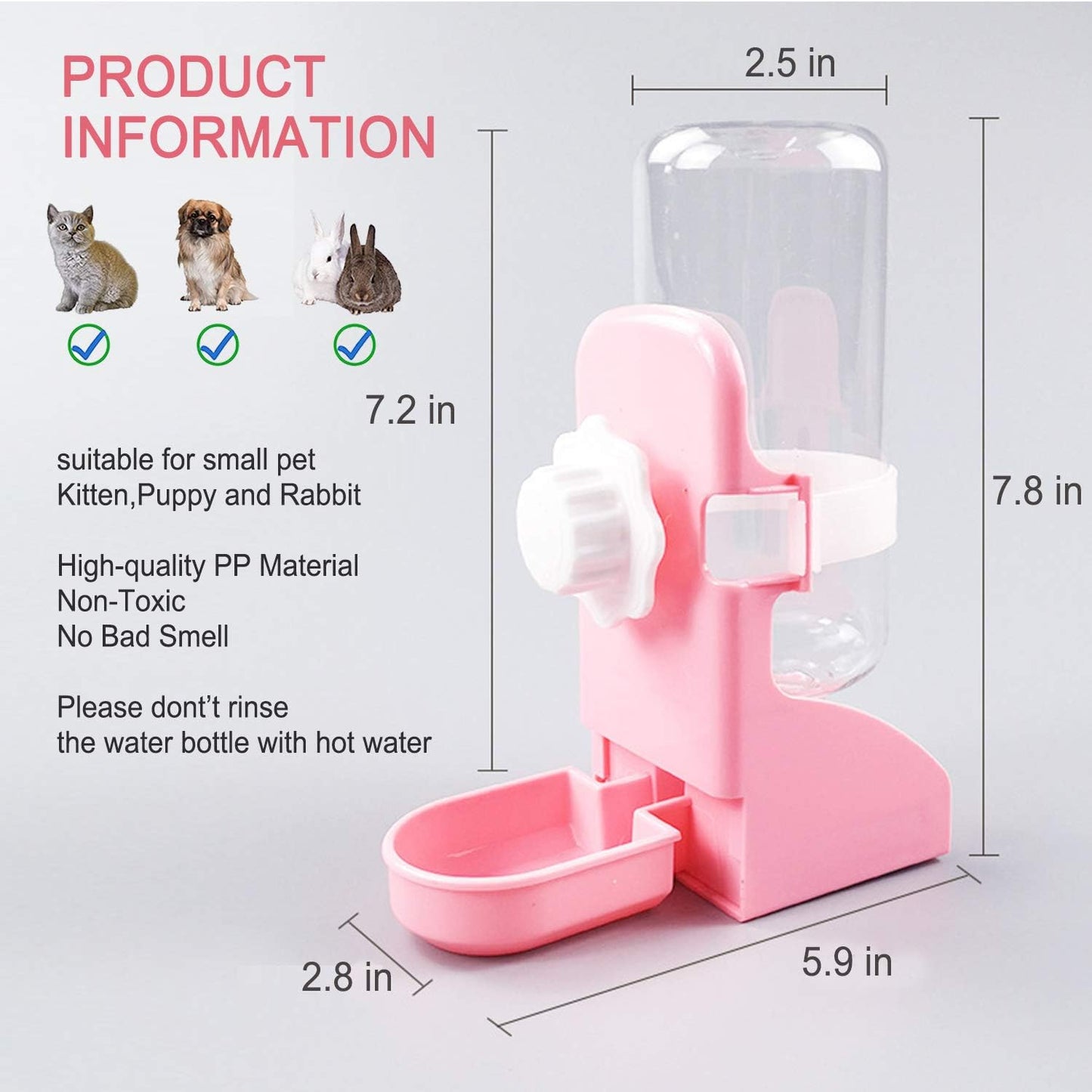 Rabbit Hay Food Bin Feeder and Bunny Water Bottle Set, Hay Food Feeder Bowls Manger Rack with 500ml Hanging Water Dispenser Prevent Knock Over for Rabbit Guinea Pig Chinchilla (Large, Pink)