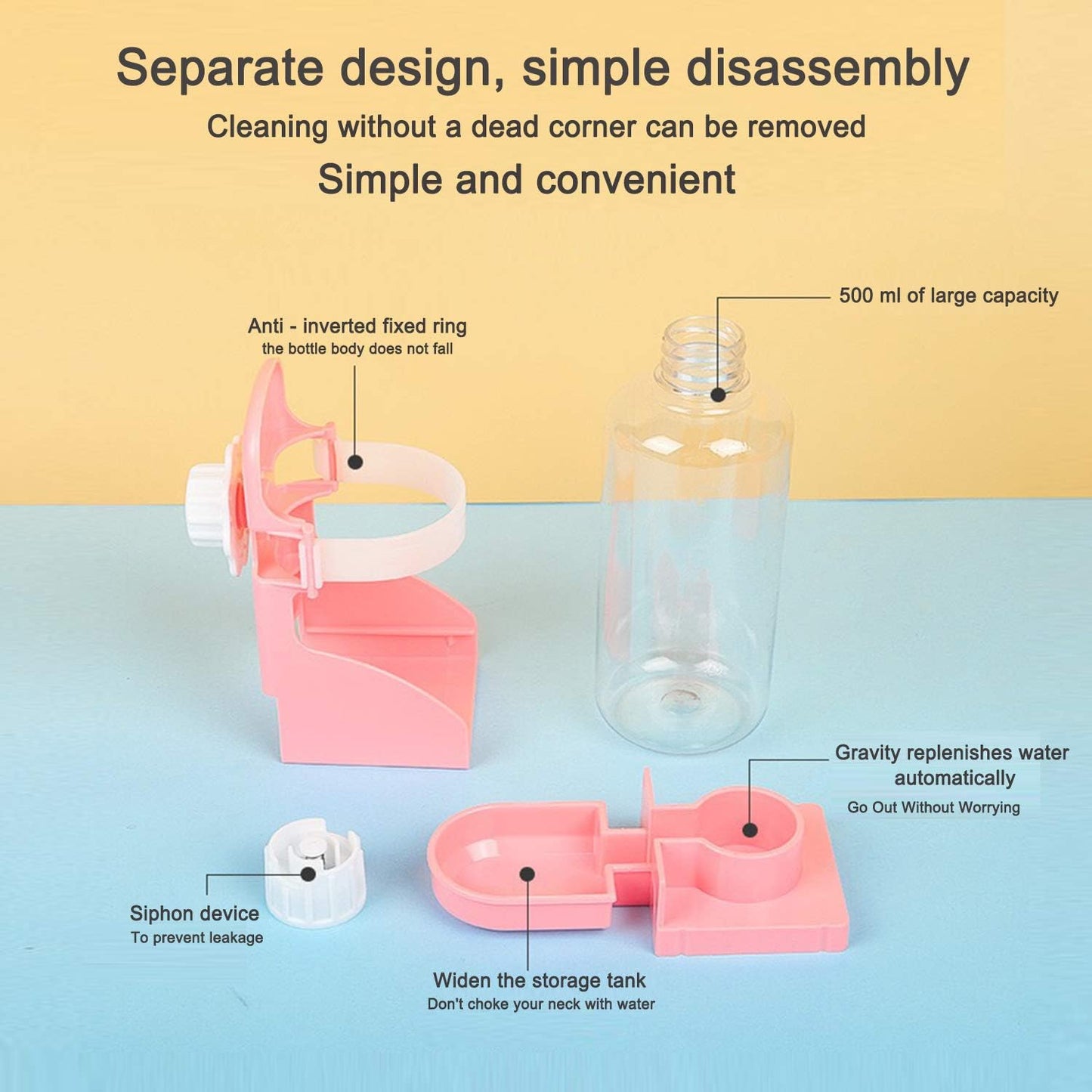 Rabbit Hay Food Bin Feeder and Bunny Water Bottle Set, Hay Food Feeder Bowls Manger Rack with 500ml Hanging Water Dispenser Prevent Knock Over for Rabbit Guinea Pig Chinchilla (Large, Pink)