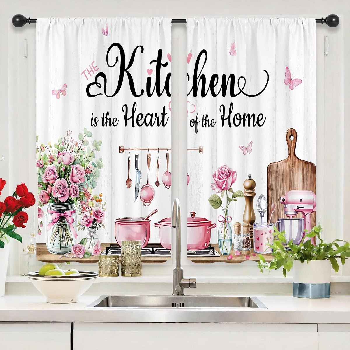 Pink Rose Eucaltptus Short Small Kitchenware Kitchen Curtains over Sink