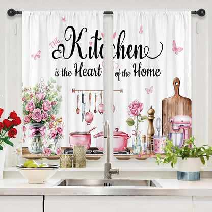 Pink Rose Eucaltptus Short Small Kitchenware Kitchen Curtains over Sink
