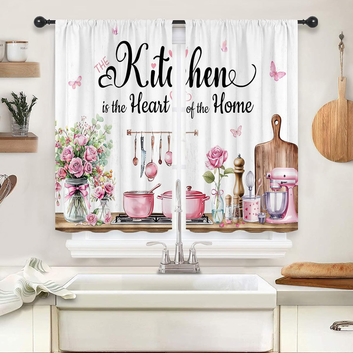 Pink Rose Eucaltptus Short Small Kitchenware Kitchen Curtains over Sink