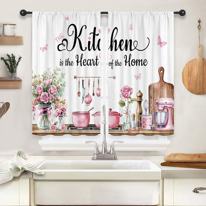 Pink Rose Eucaltptus Short Small Kitchenware Kitchen Curtains over Sink