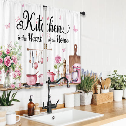 Pink Rose Eucaltptus Short Small Kitchenware Kitchen Curtains over Sink