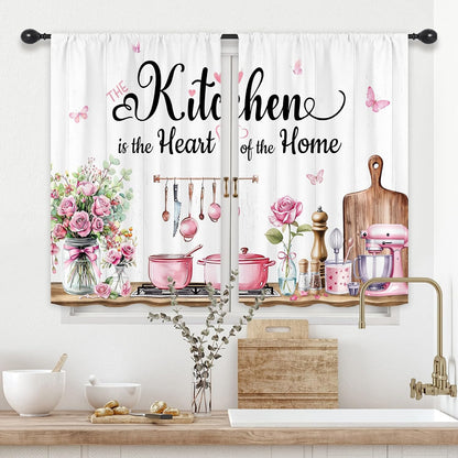Pink Rose Eucaltptus Short Small Kitchenware Kitchen Curtains over Sink