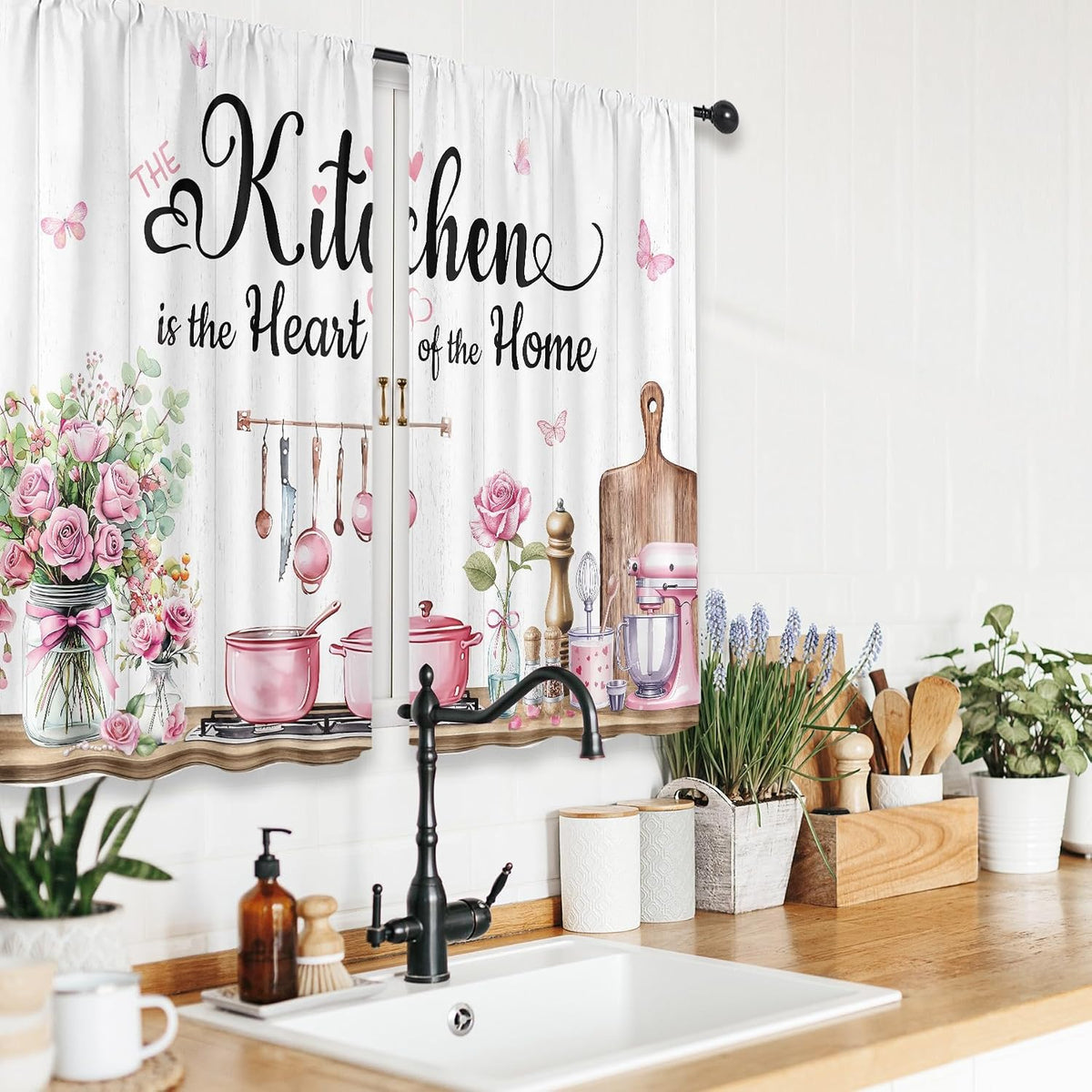 Pink Rose Eucaltptus Short Small Kitchenware Kitchen Curtains over Sink