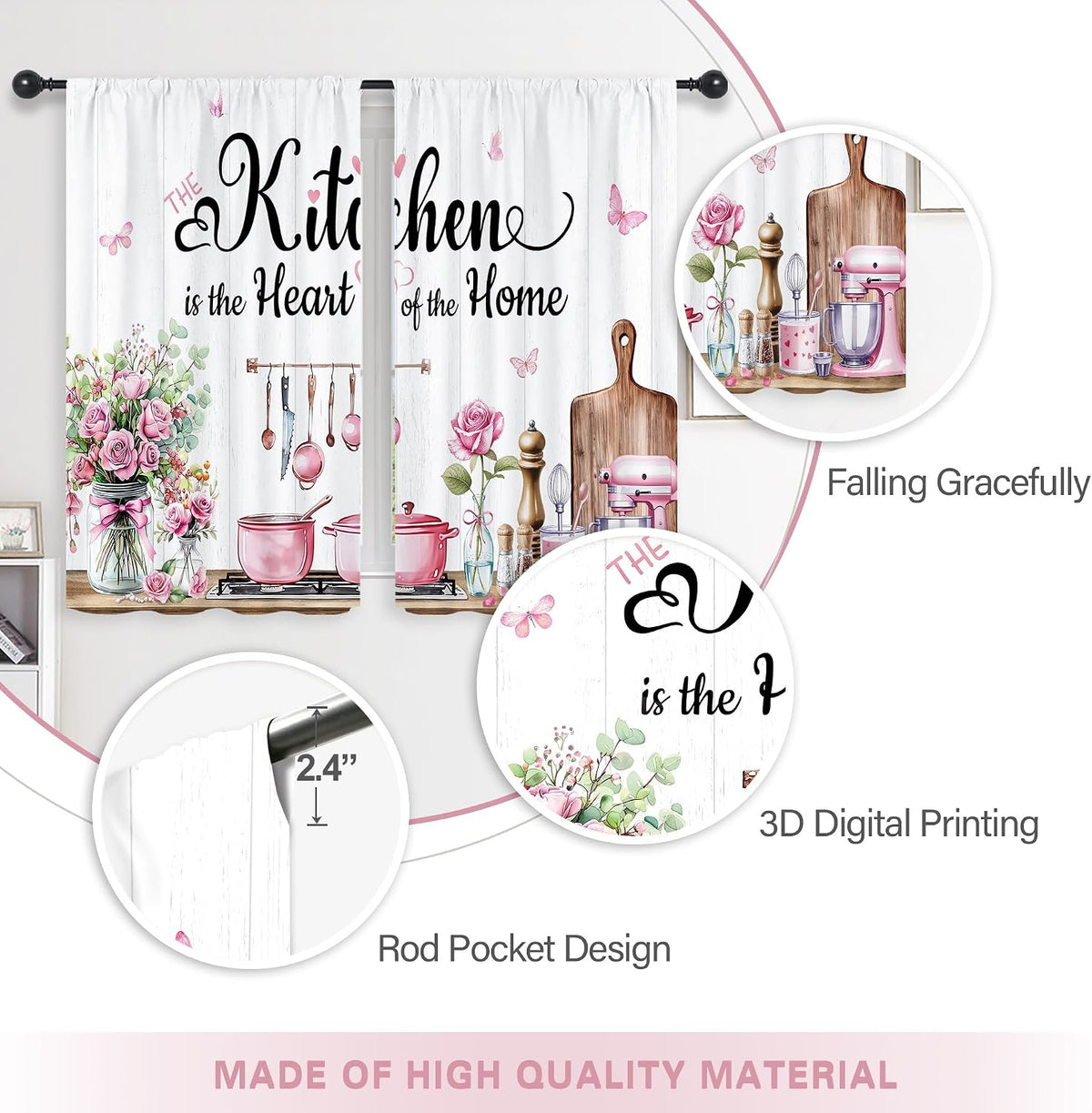 Pink Rose Eucaltptus Short Small Kitchenware Kitchen Curtains over Sink