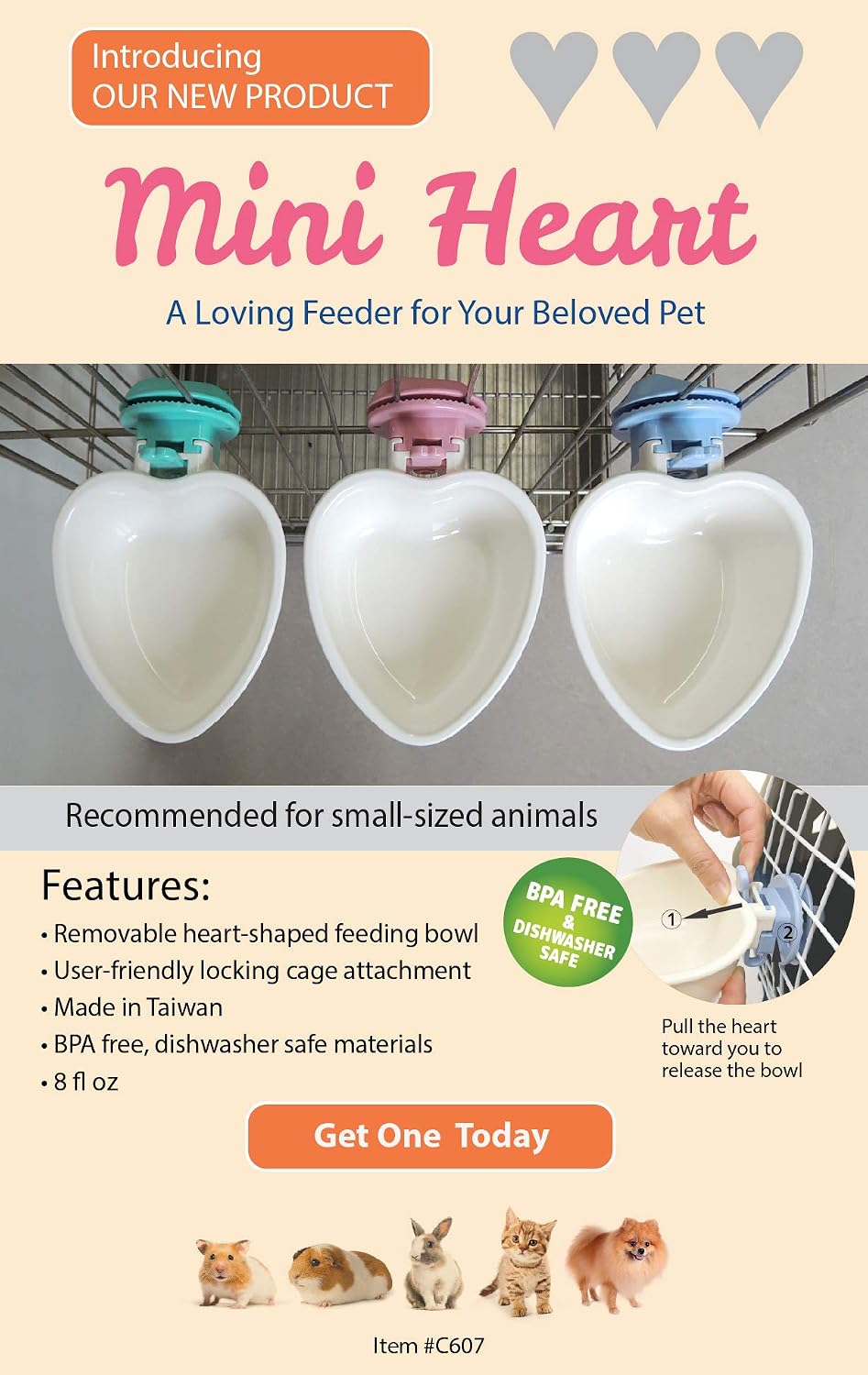 Choco Nose Patented Removable Heart Shaped Food Bowl for Dogs/Puppies/Rabbits/Cats/Guinea Pigs/Chinchillas/Birds -Water Dish for Small Pets or Animals - for Wire Cages or Crates 8 oz, Pink (C607)