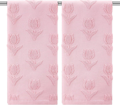 2 Pcs Light Pink Tulip Hand Towels 100% Cotton Jacquard Weave
